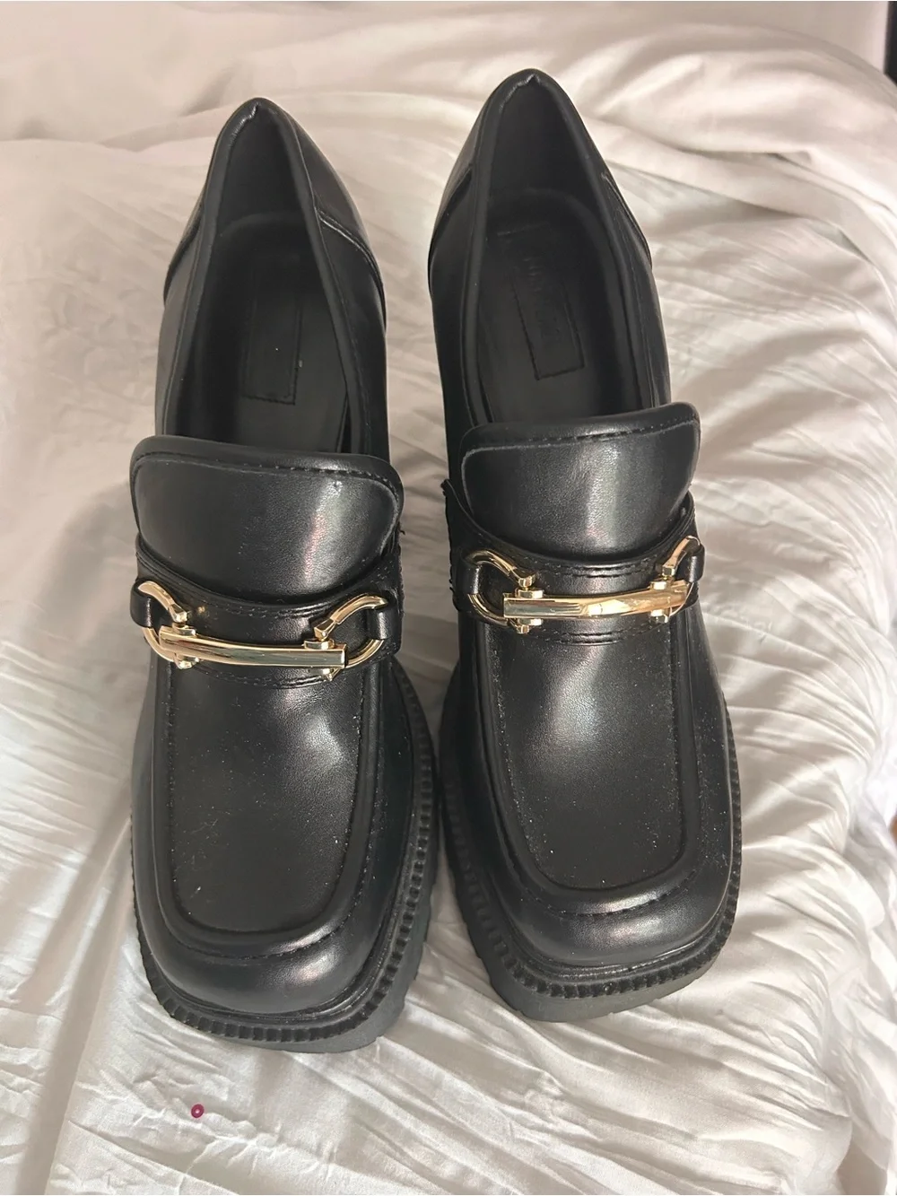 Forever 21 Black Platform Loafers with Gold Hardware